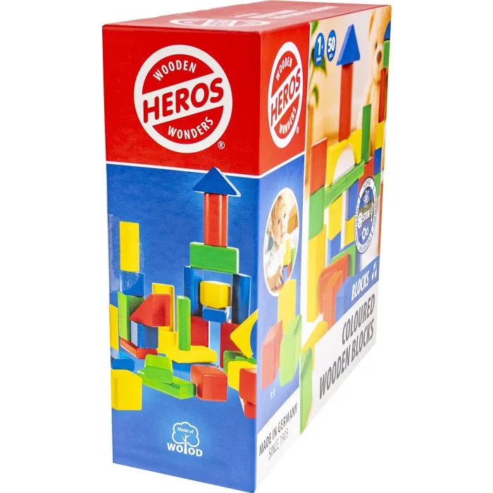 HEROS - Jeu de 50 blocs de construction en bois 100% certifié FSC - Pour enfants dès 1 an - Fabriqué en Allemagne