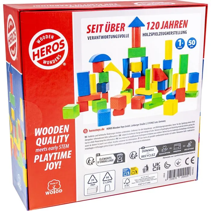 HEROS - Jeu de 50 blocs de construction en bois 100% certifié FSC - Pour enfants dès 1 an - Fabriqué en Allemagne