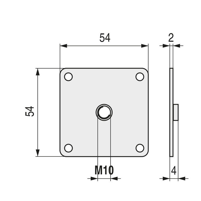 Q&Q Plaque carrée de fixation 54x54 mm - Métrique M10 - Finition brute - Pour structures métalliques et assemblages industriels