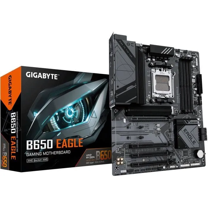 Gigabyte B650 EAGLE - Carte mère ATX AM5 pour AMD Ryzen 7000/8000/9000 - DDR5 jusqu'à 7600 MHz - 1x PCIe 5.0 M.2 - USB 3.2 Gen 2 - LAN Gigabit Gigabyte B650 EAGLE - Carte mère ATX AM5 pour AMD Ryzen 7000/8000/9000 - DDR5 jusqu'à 7600 MHz - 1x PCIe 5.0 M.2 - USB 3.2 Gen 2 - LAN Gigabit
