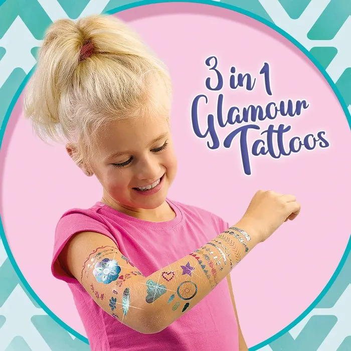 Ses Creative - Tatouages Glamour 3 en 1 - Hobby Pink - Ensemble d'activité manuelle créative avec paillettes et collier - Idée Cadeau pour Filles - À partir de 5 ans