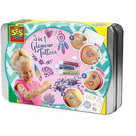 Ses Creative - Tatouages Glamour 3 en 1 - Hobby Pink - Ensemble d'activité manuelle créative avec paillettes et collier - Idée Cadeau pour Filles - À partir de 5 ans
