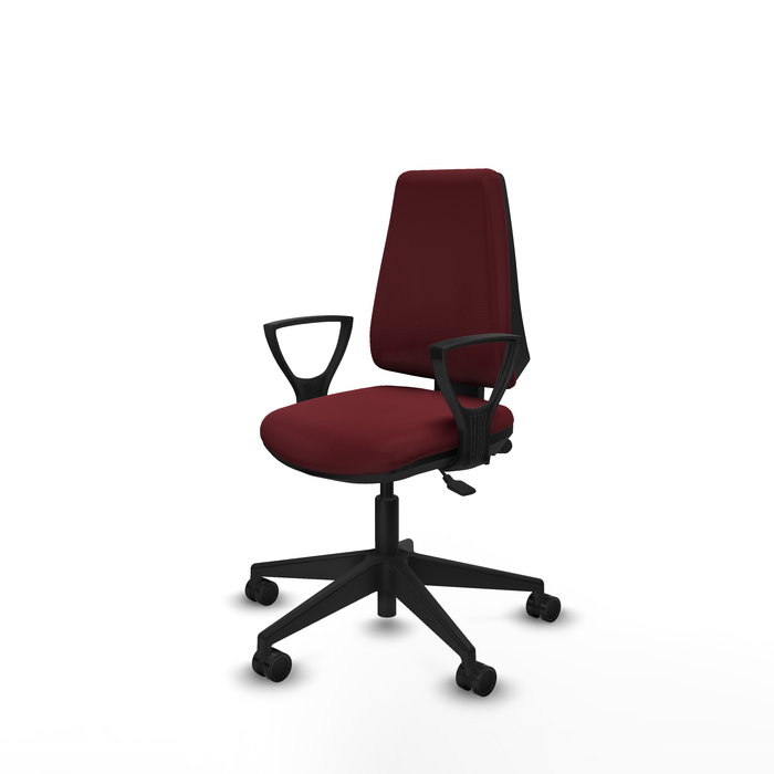 Chaise Elche Asynchrone Cuir écologique Bordeaux Base pyramidale noire Accoudoirs fixes Sans appui-tête Roulettes 65mm nylon