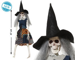 Poupée squelette sorcière avec chapeau noir 47 cm - Décor d'Halloween