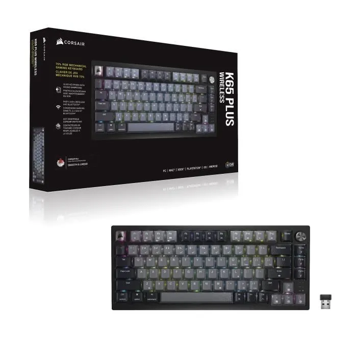Corsair K65 Plus Clavier Gaming Mécanique Sans Fil Tactile Switchs MLX Fusion Remplaçable à Chaud, 75% Tenkeyless