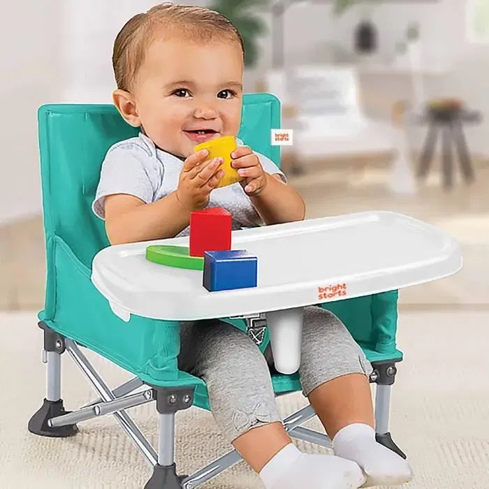 Bright Starts Pop 'N Sit, Rehausseur de chaise portable, vert, pliable, léger, avec sac de transport, plateau amovible lavable, pour bébé et tout-petit
