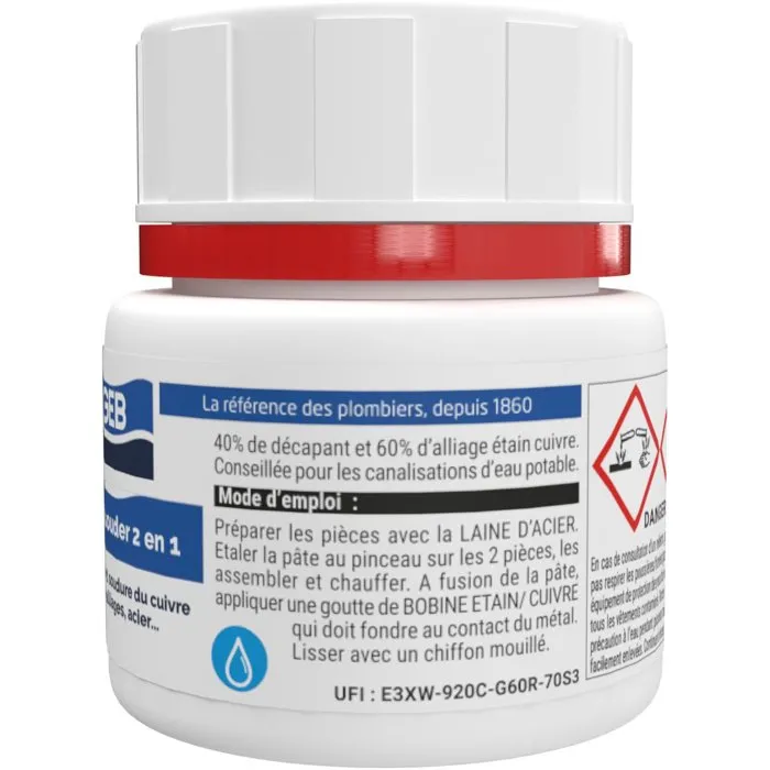 GEB Pâte à souder et décapant 2 en 1, alliage étain/cuivre sans plomb, pour décapage et brasage acier et cuivre, pot 150 g