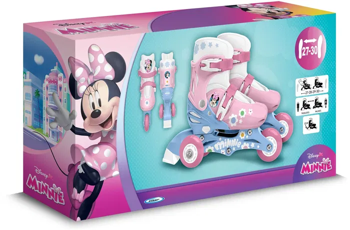 Minnie Patins 2-en-1 Évolutifs Tri Skate et Roller en Ligne pour Fille Taille 27-30 Rose avec Frein Arrière