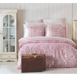 BigBuy Home Parure de lit 100% coton renforcé Rose et blanc, King size 3 pièces