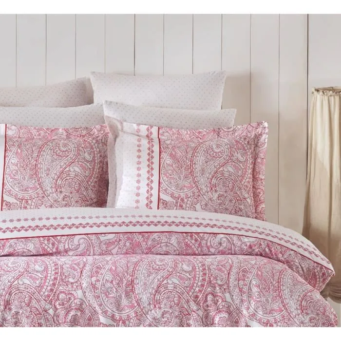 Parure de lit 100% coton renforcé 140 fils, King - Housse de couette 220 x 240 cm + 2 taies d'oreiller 60 x 60 cm, Rose et blanc