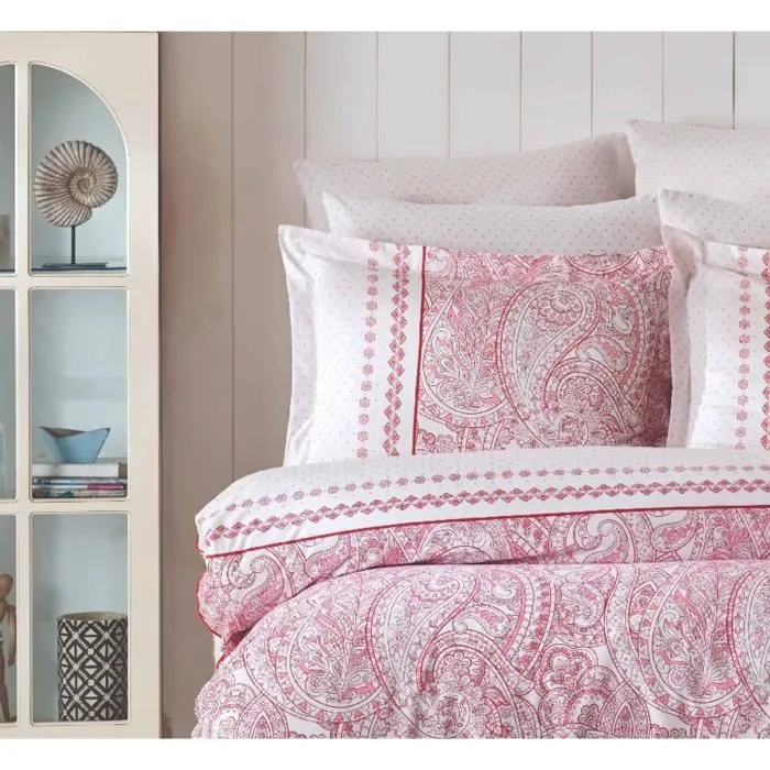 Parure de lit 100% coton renforcé 140 fils, King - Housse de couette 220 x 240 cm + 2 taies d'oreiller 60 x 60 cm, Rose et blanc