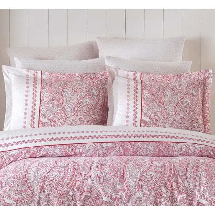 Parure de lit 100% coton renforcé 140 fils, King - Housse de couette 220 x 240 cm + 2 taies d'oreiller 60 x 60 cm, Rose et blanc
