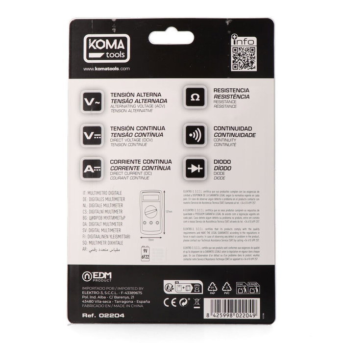 Koma Tools Multimètre Digital CAT III 300 V, 68 x 28 x 136 mm, Mesure Diode Résistance Continuité Courant Continu et Alternatif