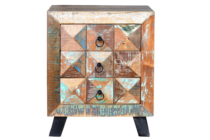 GINER Y COLOMER - Table de chevet 3 tiroirs en bois massif recyclé multicolore - Collection Diamante - 60x50x40 cm