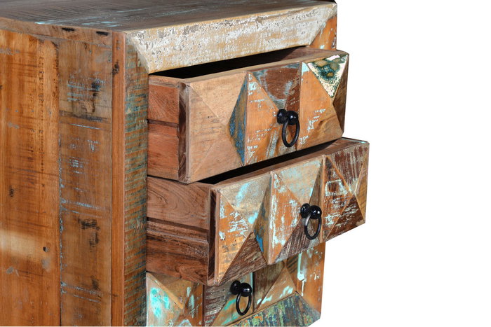 GINER Y COLOMER - Table de chevet 3 tiroirs en bois massif recyclé multicolore - Collection Diamante - 60x50x40 cm