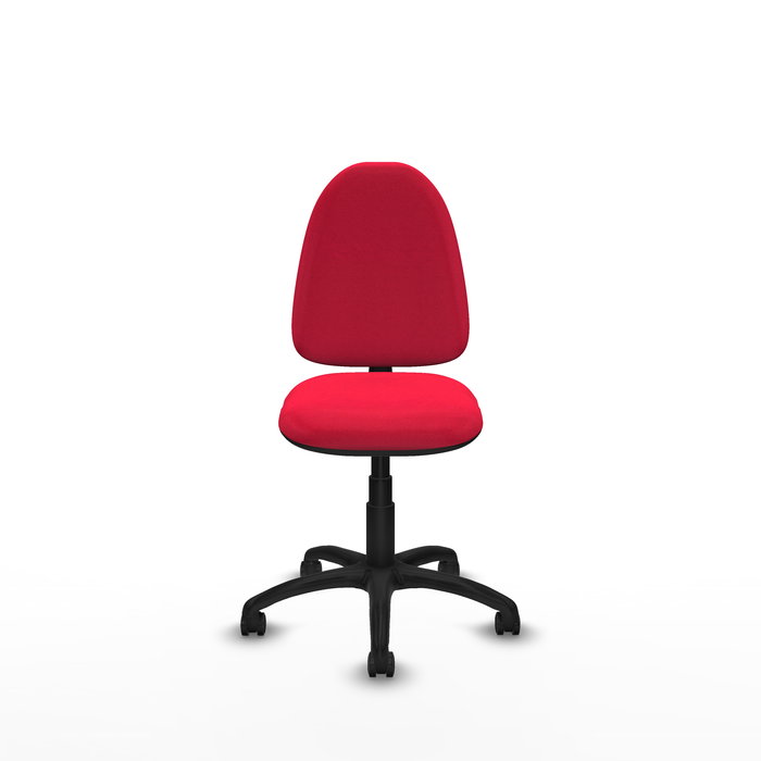Chaise de bureau Aýna avec mécanisme de contact permanent de base, rembourrée de tissu rouge. Équipée d'une base en polyamide noir, sans accoudoirs et de roulettes pour parquet