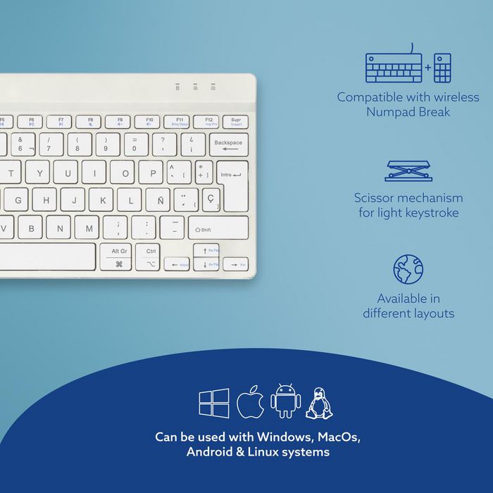 R-Go Tools Clavier ergonomique compact R Go Compact Break avec logiciel de pause, disposition QWERTY espagnole (ES), Bluetooth, blanc
