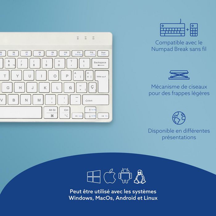 R-Go Tools Clavier ergonomique compact R Go Compact Break avec logiciel de pause, disposition QWERTY espagnole (ES), Bluetooth, blanc