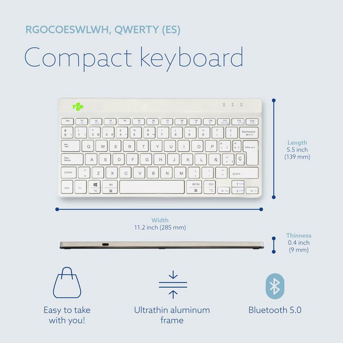 R-Go Tools Clavier ergonomique compact R Go Compact Break avec logiciel de pause, disposition QWERTY espagnole (ES), Bluetooth, blanc