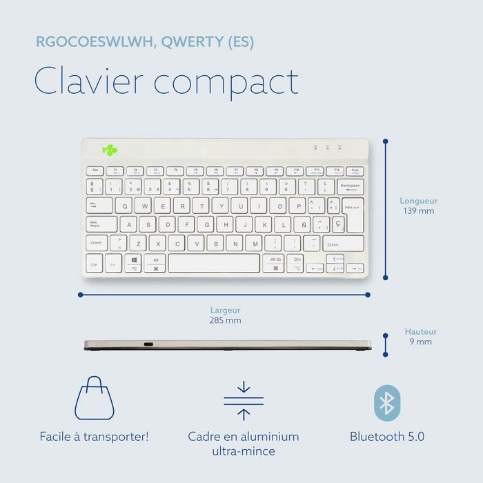 R-Go Tools Clavier ergonomique compact R Go Compact Break avec logiciel de pause, disposition QWERTY espagnole (ES), Bluetooth, blanc