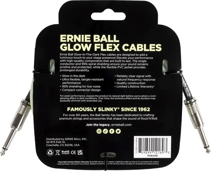 ERNIE BALL Câble Instrument Flex Jack-Jack SS 3 m - Phosphorescent