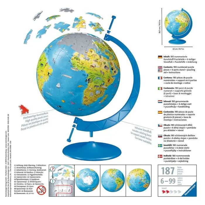 Ravensburger Puzzle 3D Globe terrestre éducatif 180 pièces sans colle - À partir de 7 ans Ravensburger Puzzle 3D Globe terrestre éducatif 180 pièces sans colle - À partir de 7 ans