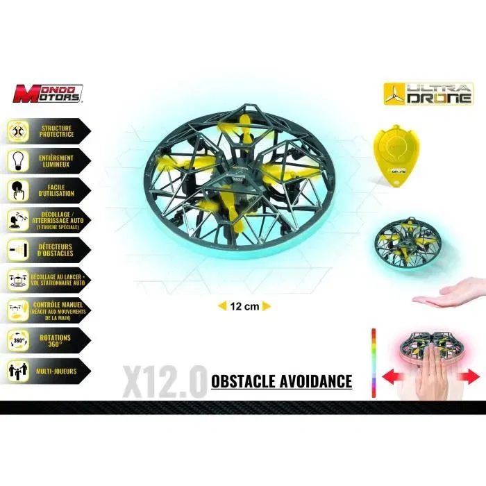 Mondo Motors Ultradrone X12 Drone avec Évitement d'Obstacles - Capteurs Infrarouges, Vol Autonome, Stationnaire, Flips 360° et LED Colorées Mondo Motors Ultradrone X12 Drone avec Évitement d'Obstacles - Capteurs Infrarouges, Vol Autonome, Stationnaire, Flips 360° et LED Colorées