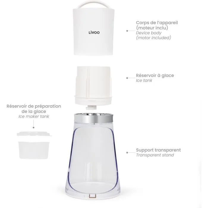 Livoo DOM462 Appareil à glace pilée automatique, capacité 150 mL, 2 tailles (fine/gros), réservoir et lame en acier inoxydable