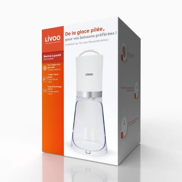 Livoo DOM462 Appareil à glace pilée automatique, capacité 150 mL, 2 tailles (fine/gros), réservoir et lame en acier inoxydable