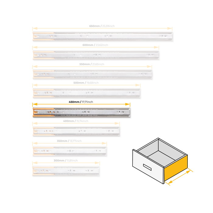 Emuca Jeu de coulisses à billes pour tiroirs à sortie totale, fermeture amortie, hauteur 45mm, longueur 450mm, Acier, Zingué
