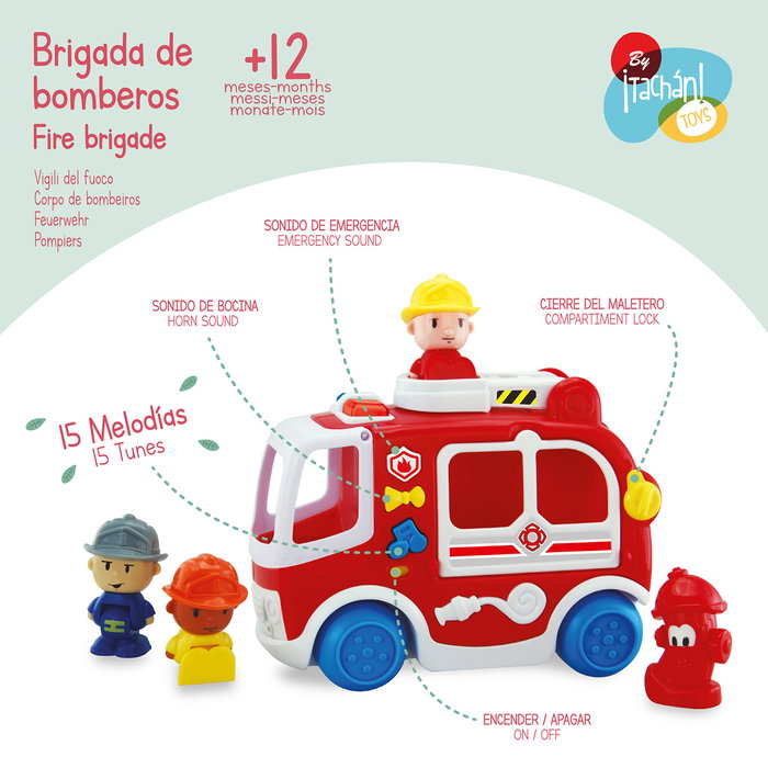 TACHAN - Camion de pompiers avec lumières, sons et jet d'eau, jouet éducatif multilingue (anglais, français, allemand, italien, portugais, espagnol) pour enfant dès 12 mois