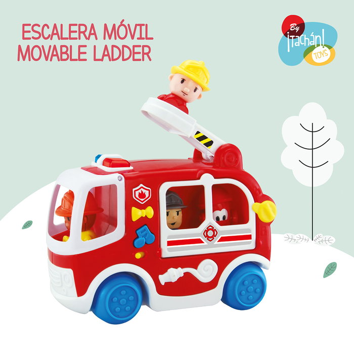 TACHAN - Camion de pompiers avec lumières, sons et jet d'eau, jouet éducatif multilingue (anglais, français, allemand, italien, portugais, espagnol) pour enfant dès 12 mois