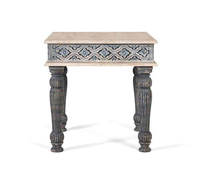 GINER Y COLOMER Table basse en bois de manguier sculpté à la main, plateau gris, pieds tournés bleus vintage, style rustique et bohème GINER Y COLOMER Table basse en bois de manguier sculpté à la main, plateau gris, pieds tournés bleus vintage, style rustique et bohème