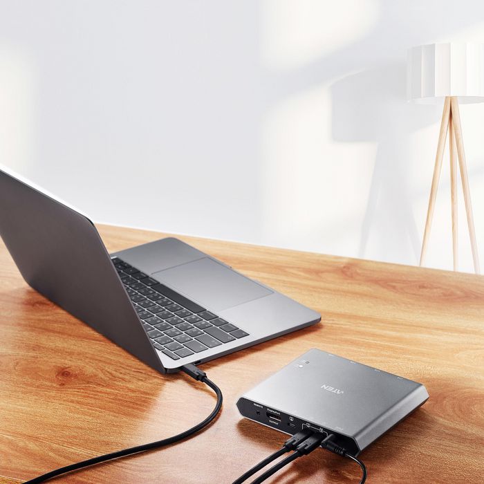 Aten US3311 - Station d'accueil KVM USB-C 2 ports avec affichage 4K@60Hz DisplayPort, switch 2 ordinateurs vers 1 écran, 4 ports USB 3.2, Power Delivery 100W