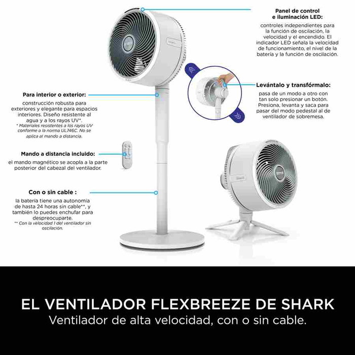 Shark FA220EU Ventilateur sur pied ou de bureau portable intérieur/extérieur FlexBreeze - 5 vitesses, batterie 20h, télécommande, résistant aux UV et à la pluie