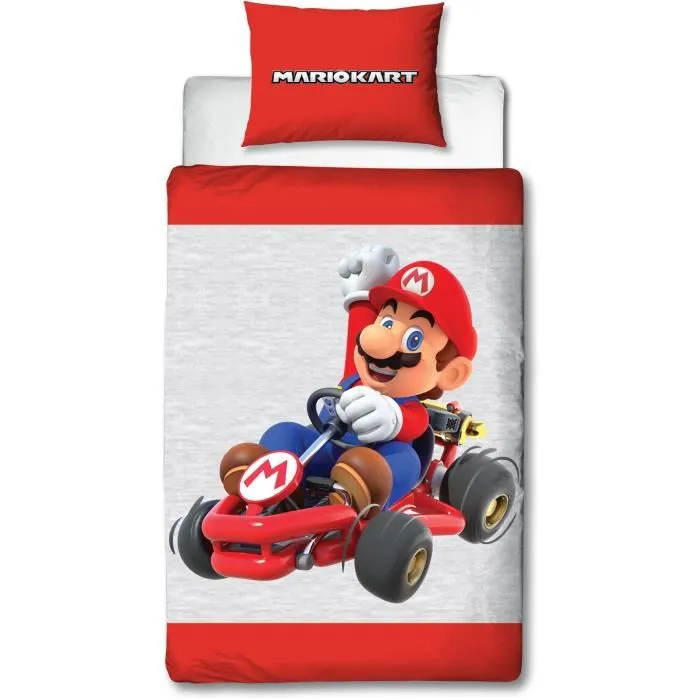 Mario Bros Parure de Lit Réversible Microfibre Sous Licence Mario - Housse de Couette 140 x 200 cm + 1 Taie 63 x 63 cm - Décoration Chambre Enfant
