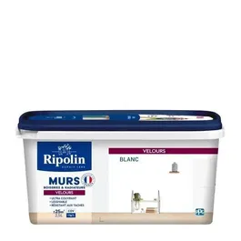 Ripolin Peinture murale et de décoration Blanc Velours - Pour murs, boiseries, radiateurs - Haute opacité - Aspect soyeux - Lessivable - Intérieur