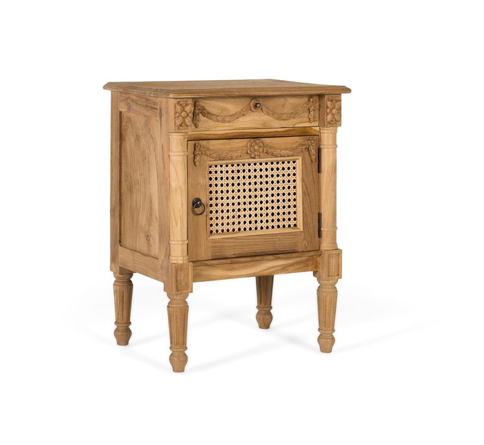 GINER Y COLOMER - Meuble de chevet ou table d'appoint en teck massif - Style rustique/provençal avec tiroir décoratif et porte en canne tressée - Finition naturelle - 50x35x65 cm