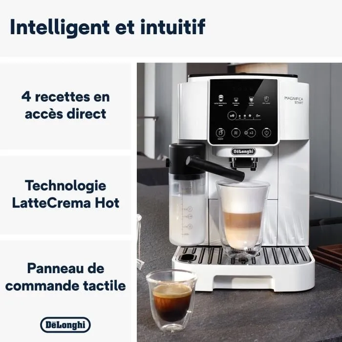 Delonghi Magnifica Start ECAM220.61.W - Machine à café expresso automatique avec broyeur - Blanc inox - 15 bars - Carafe à lait - Compatible grains et moulu