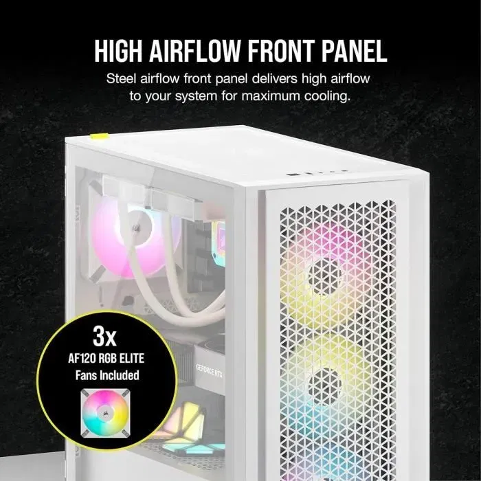 Corsair 4000D RGB Airflow - Boîtier PC moyen-tour avec 3 ventilateurs AF120 RGB Elite et nœud d'éclairage iCUE Lighting Node PRO - Blanc - CC-9011241-WW