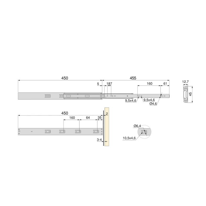 Emuca Lot de 5 jeux de coulisses pour tiroirs, roulement à billes, hauteur 45mm, profondeur 450mm, à sortie totale, avec push, fermeture amortie, zingué