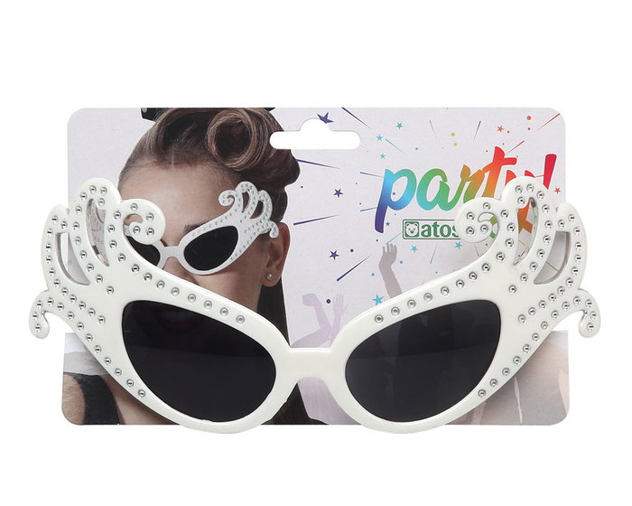 Lunettes de Carnaval Femme Adulte Blanc Brillant - Accessoire de Déguisement Diva ou Personnage Extravagant pour un Look Élégant et Amusant