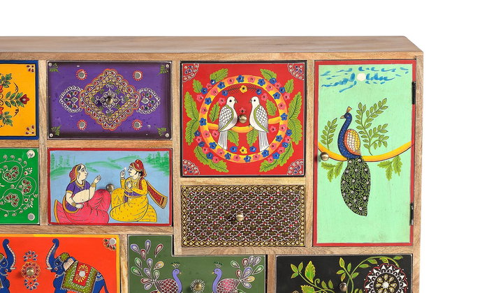 GINER Y COLOMER Commode en bois de manguier et MDF 90x112x35 cm - 13 tiroirs et 1 porte - Peinture à la main multicolore - Style antique