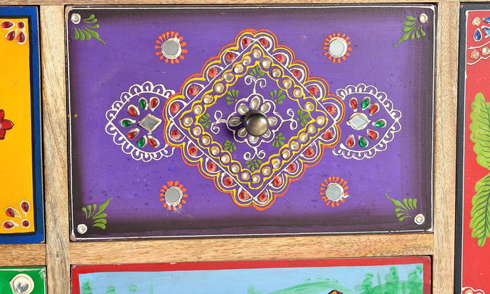 GINER Y COLOMER Commode en bois de manguier et MDF 90x112x35 cm - 13 tiroirs et 1 porte - Peinture à la main multicolore - Style antique