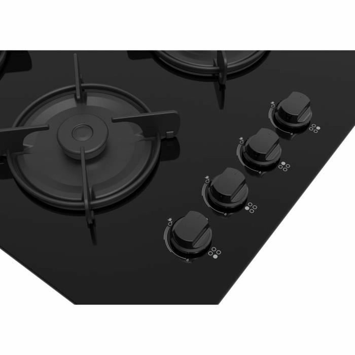Continental Edison Table de cuisson au gaz 4 foyers - Verre noir
