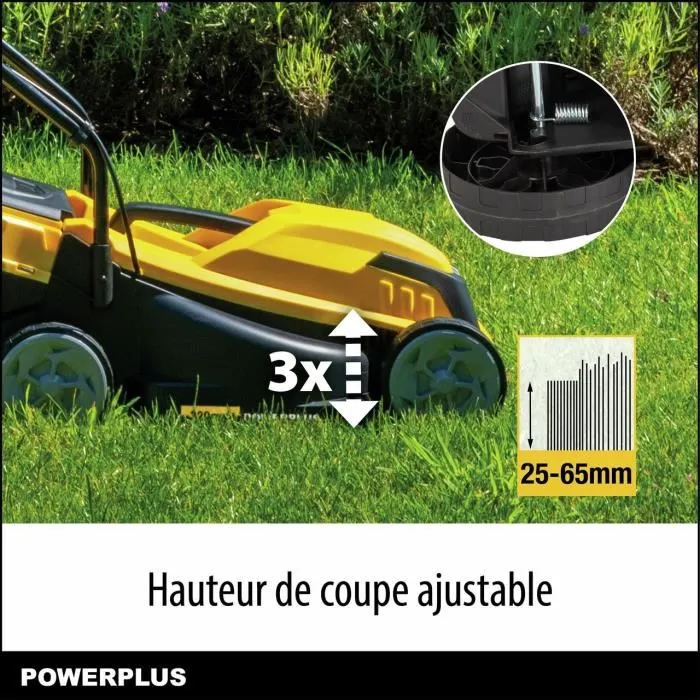 Powerplus POWEG62203 - Tondeuse à gazon électrique 1000 W, largeur de coupe 320 mm avec sac collecteur 30 L, 3 réglages hauteur, pour petits jardins