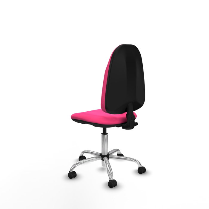 Chaise de bureau Algarra avec mécanisme de contact permanent de base, rembourrée de simili cuir rose. Équipée d'une base chromée, sans accoudoirs et de roulettes pour parquet.