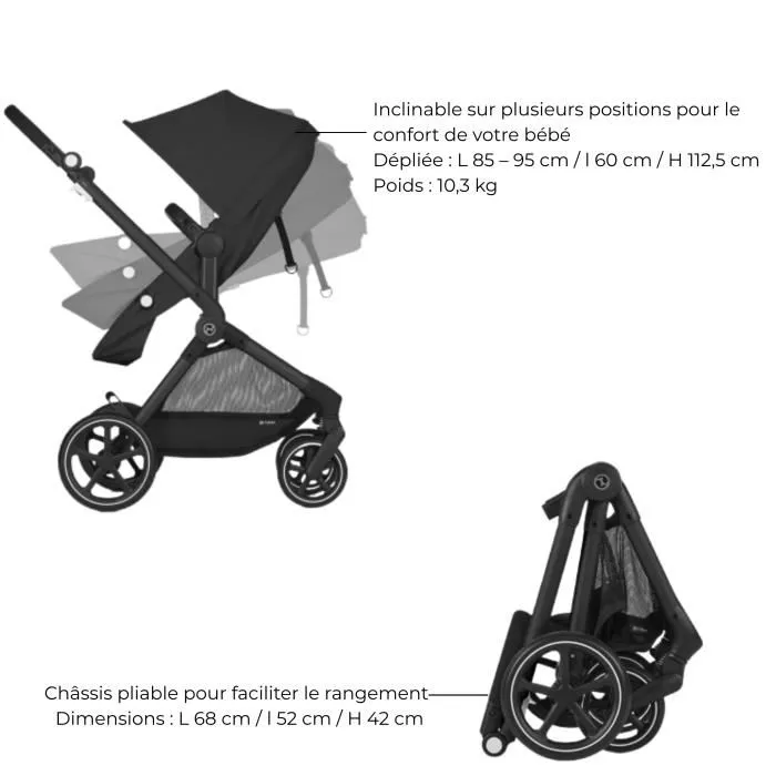Cybex Poussette EOS PLUS + Cloud G Trio : Poussette convertible, siège auto extensible nouveau-né, nacelle convertible en siège