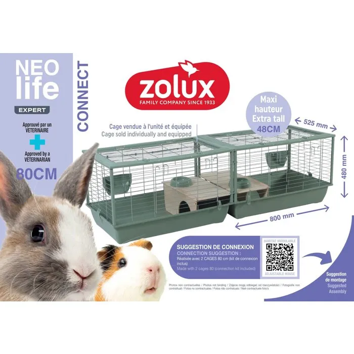 Zolux Cage à Rongeurs NéoLife Connect 80 x 52.5 x 48 cm pour Cochon d'Inde - Modulable, Verte avec Niche et Accessoires