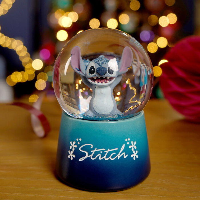 WIDDOP & CO Boule à neige Stitch Disney en cristal avec support décoratif en résine bleue et effet paillettes